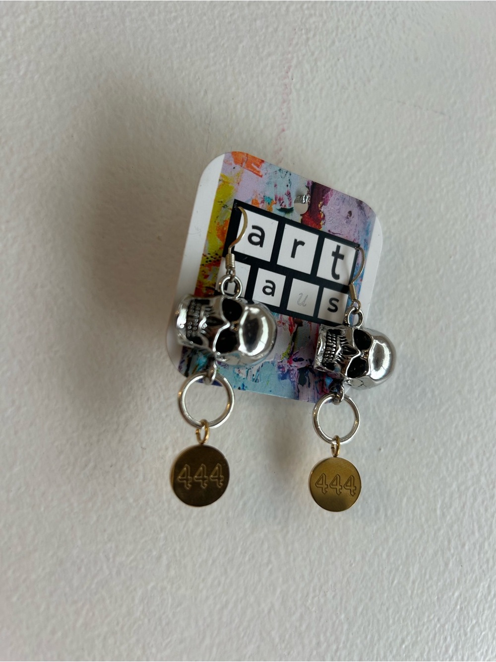 Angel number Silver Skull Drop Earrings with Gold 444 Charms - Picture 2 of 3